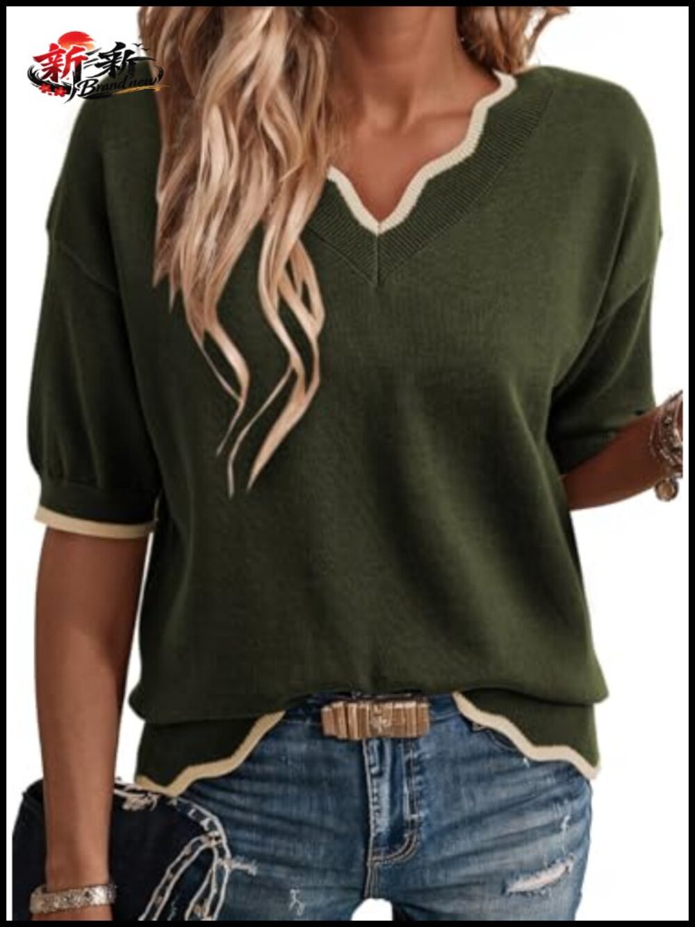 Womens Ribbed Knit Pullover Sweater Short Sleeve Lightweight V-Neck Cotton